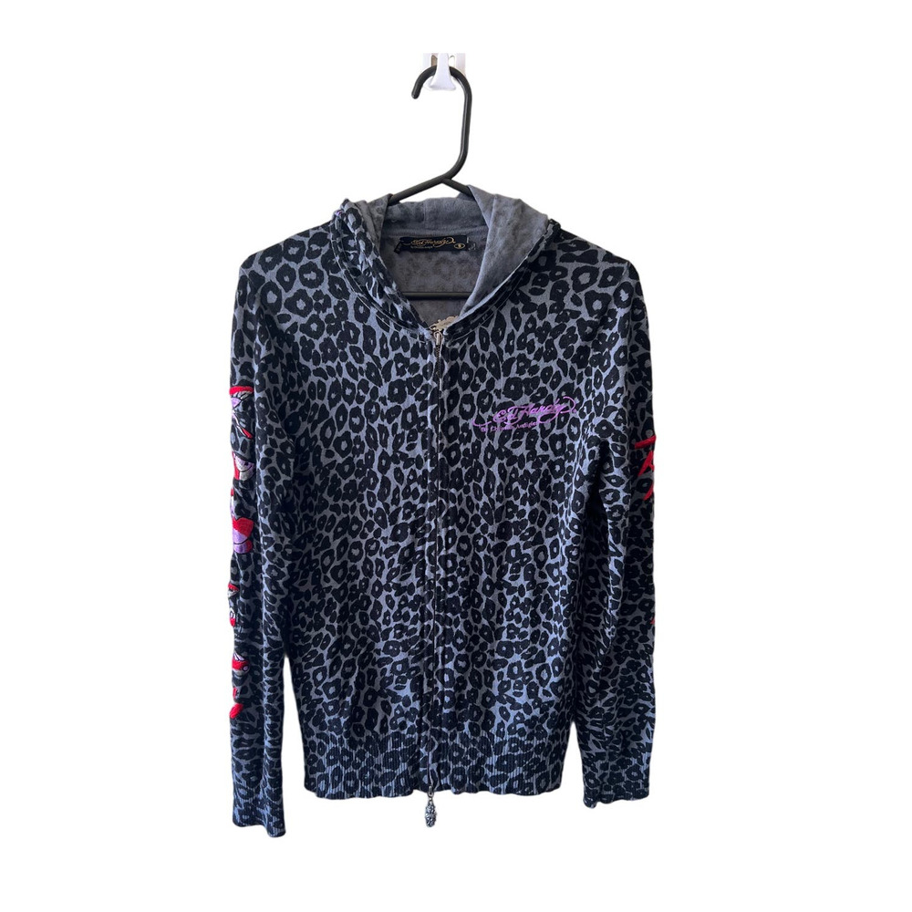 ED HARDY CHRISTIAN AUDIGIER LOVE KILLS SLOWLY LEOPARD HOODIE SWEATER CARDIGAN S